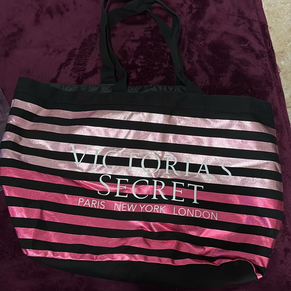 Victoria's Secret Pink and Black Striped Tote Bag